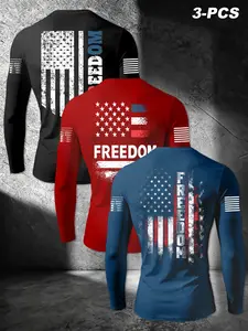 Men's 3-Piece Sportswear Set, Long Sleeve Flag Print T-Shirt, Fitted H-Type Top, All-Seasons Universal Sports Wear