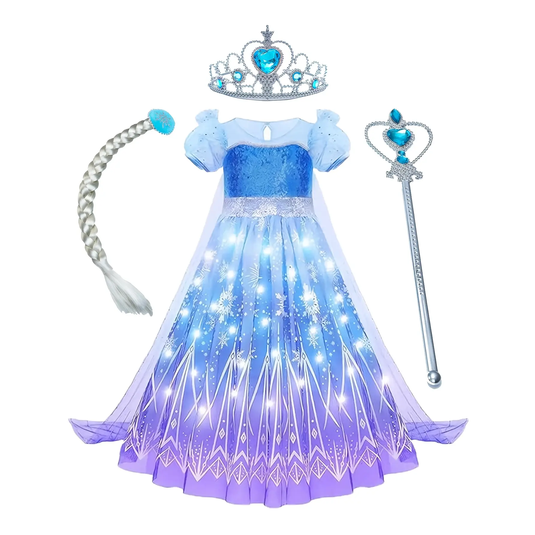 4-piece princess tulle dress set + wand + crown + wig for a girl's birthday or Christmas party gift