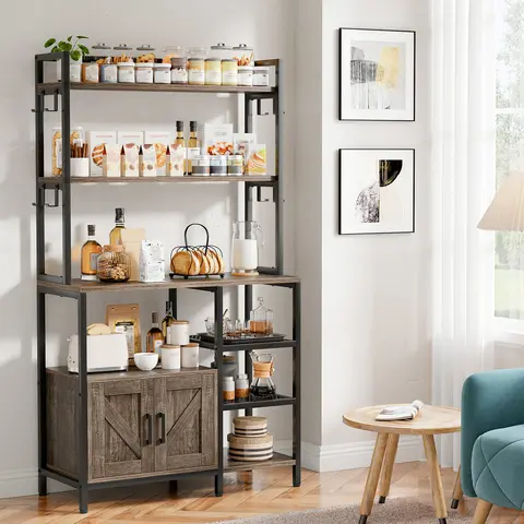 Raybee Bakers Rack for Kitchen with Power Outlet, 6-Tier Microwave Stand with Storage Cabinet, Farmhouse Kitchen Coffee Bar with Side Hooks, Utility Shelf for Kitchen Furniture