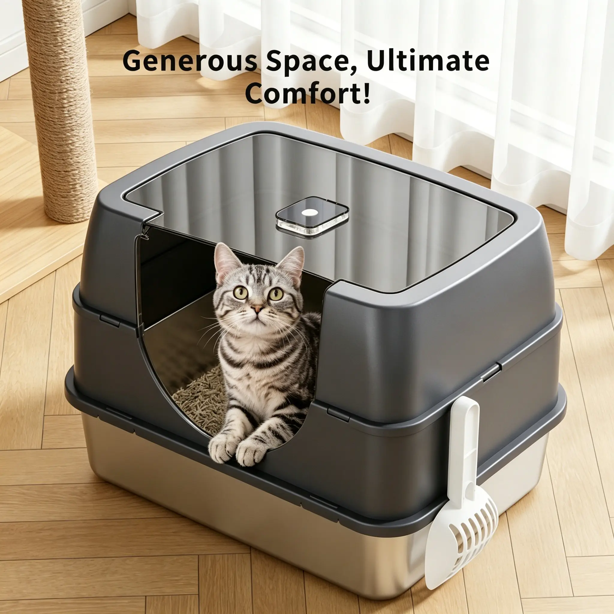 Hooded Stainless Steel Cat Litter Box, Extra Large Odor Control Enclosed Litter Box for Multi Cat Household, High Sided Anti-Splash Metal Litter Pan, Easy Clean Indoor Cat Toilet free scoop top entry easy-clean design