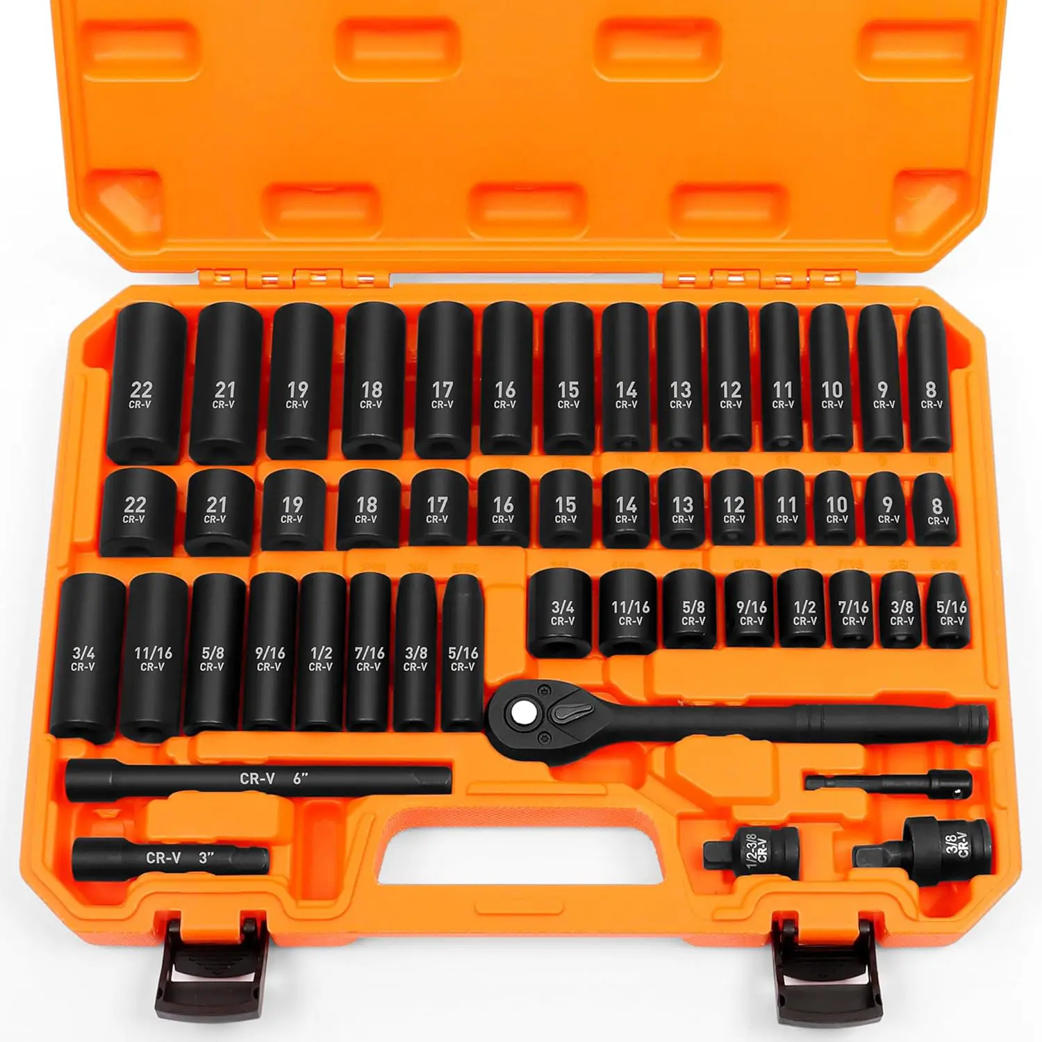 3/8-inch Drive Impact Socket Set, 50-Piece Standard SAE (5/16 to 3/4 inch) and Metric (8-22 mm) Sizes, Hex Socket Heads, Includes Drive Ratchet Handle, Drive Extension Bar, and Impact Universal Joint Outdoor Emergency Essential Tool