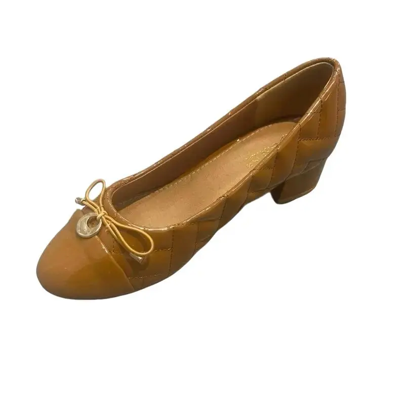 Women's Brown Heeled Pumps, Comfortable Ballet Style Slip-Ons with a Thick Kitten Heel and Bow for Casual or Special Occasions, Wedding, Slip On, Synthetic, Thick Heel, All Seasons, Pull On, Elegant, Mid Heel (3-5 Cm)