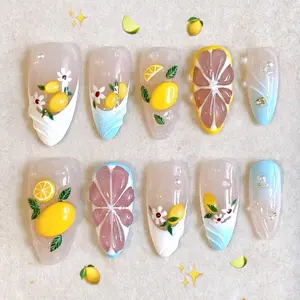 3D Lemon Press-On Nails, Summer Citrus Fruit Art for Beauty & Personal Care Nail Accessories