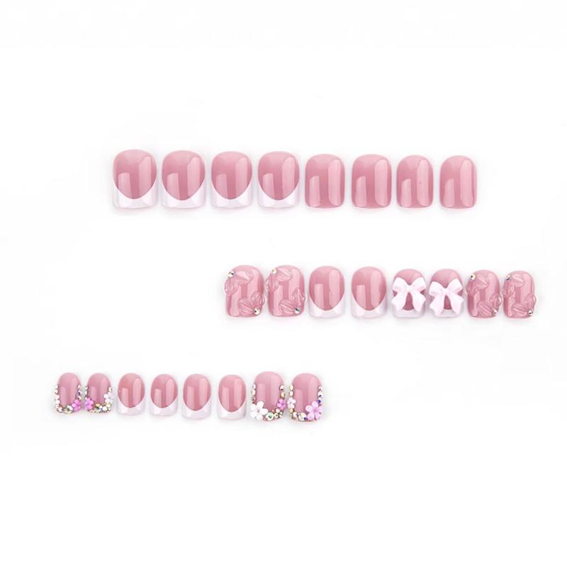 Square Rhinestone Glitter Press-On Nails – 24PCS Pink Short Square French Tip Fake Nails with 3D Flower, Bows & Sparkly Charms, Full Cover Stick-On Nails for Women, Cute Glue-On Nail Set