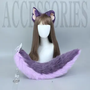 New Purple Wolf Anime Cat Ears and Tail Plush Beast Fox Ear Simulation Headband Halloween Cosplay Hand-made Lolita Accessories