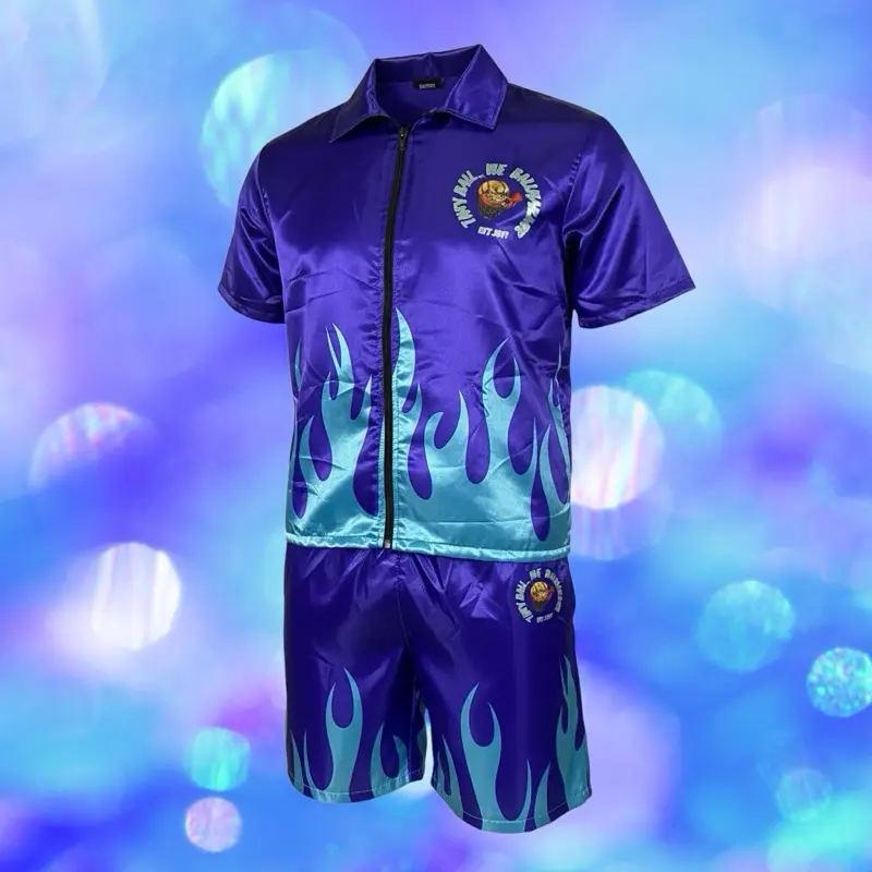 Charlotte Flame Set - Purple Satin Outfit with Teal Flames & Matching Shorts for Stylish Comfort