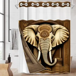 1PC/4PCS 2D Flat Printing Brown and Gold Elephant Relief Patterned shower curtain, home bathroom decor, shower curtain set with 12 hooks, non-slip bathroom rug, U-shaped toilet seat cover, toilet seat mat.