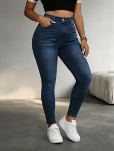 Elegant High Waist Long Skinny Denim Jeans for Women, Womenswear, Versatile Four Seasons Wear, Slimming Fit, Stylish Chic Casual Pants, Trouser, Basic, Denim Skinnies, Wash Jeans WH54 BBL