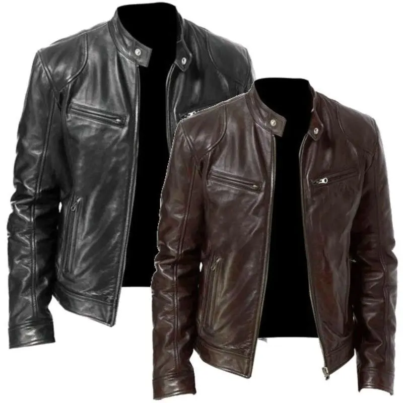 Men's Genuine Lambskin Leather Biker Raincoat - Vintage, Original, Casual Garments, Polyester-Lined, Long-Sleeve Motorcycle Outerwear (Black, Brown)