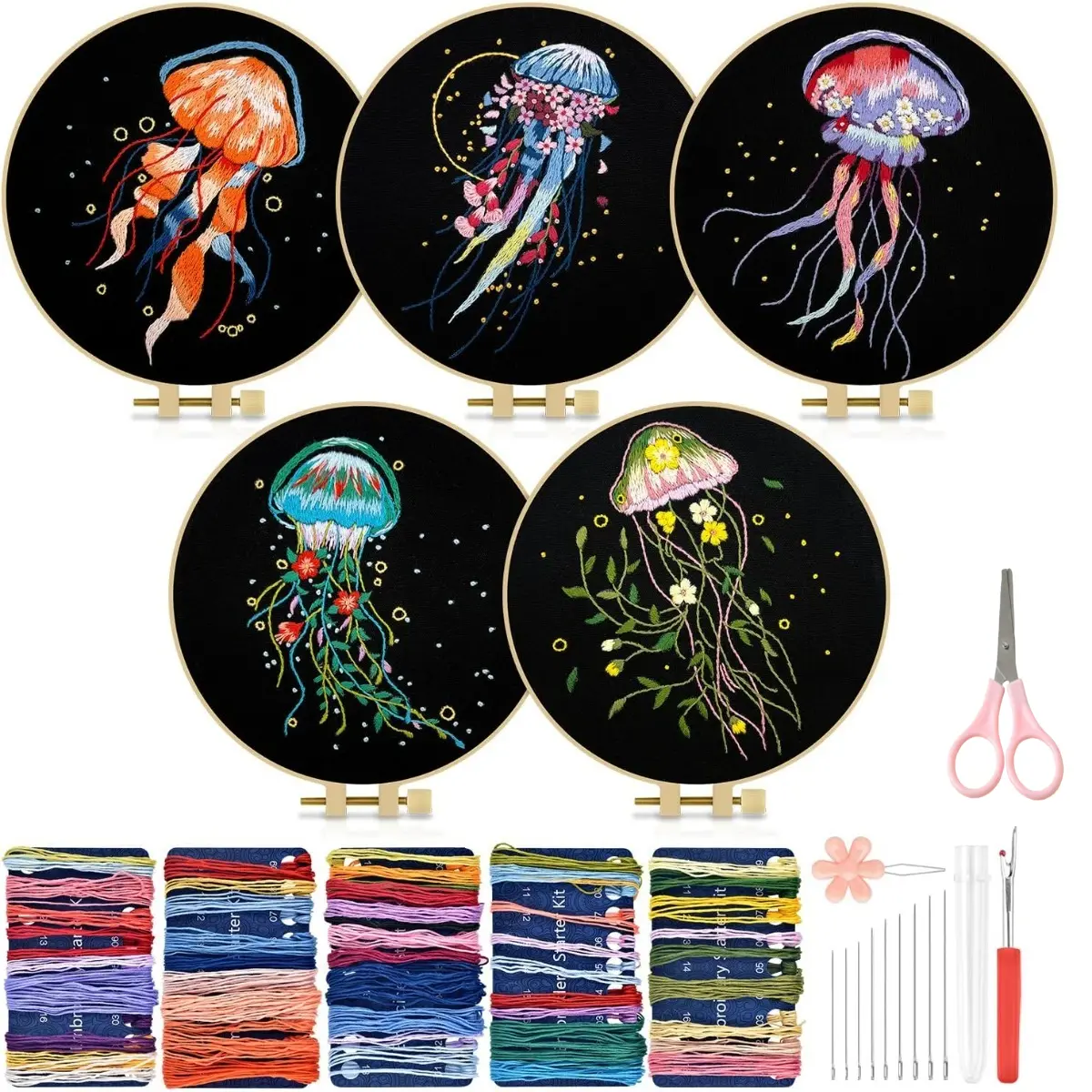 5-piece jellyfish embroidery set, including embroidery fabric, embroidery frame, and wire accessories, DIY handicrafts, suitable for hand sewing enthusiasts, adults, home decoration