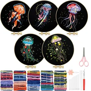 5-piece jellyfish embroidery set, including embroidery fabric, embroidery frame, and wire accessories, DIY handicrafts, suitable for hand sewing enthusiasts, adults, home decoration