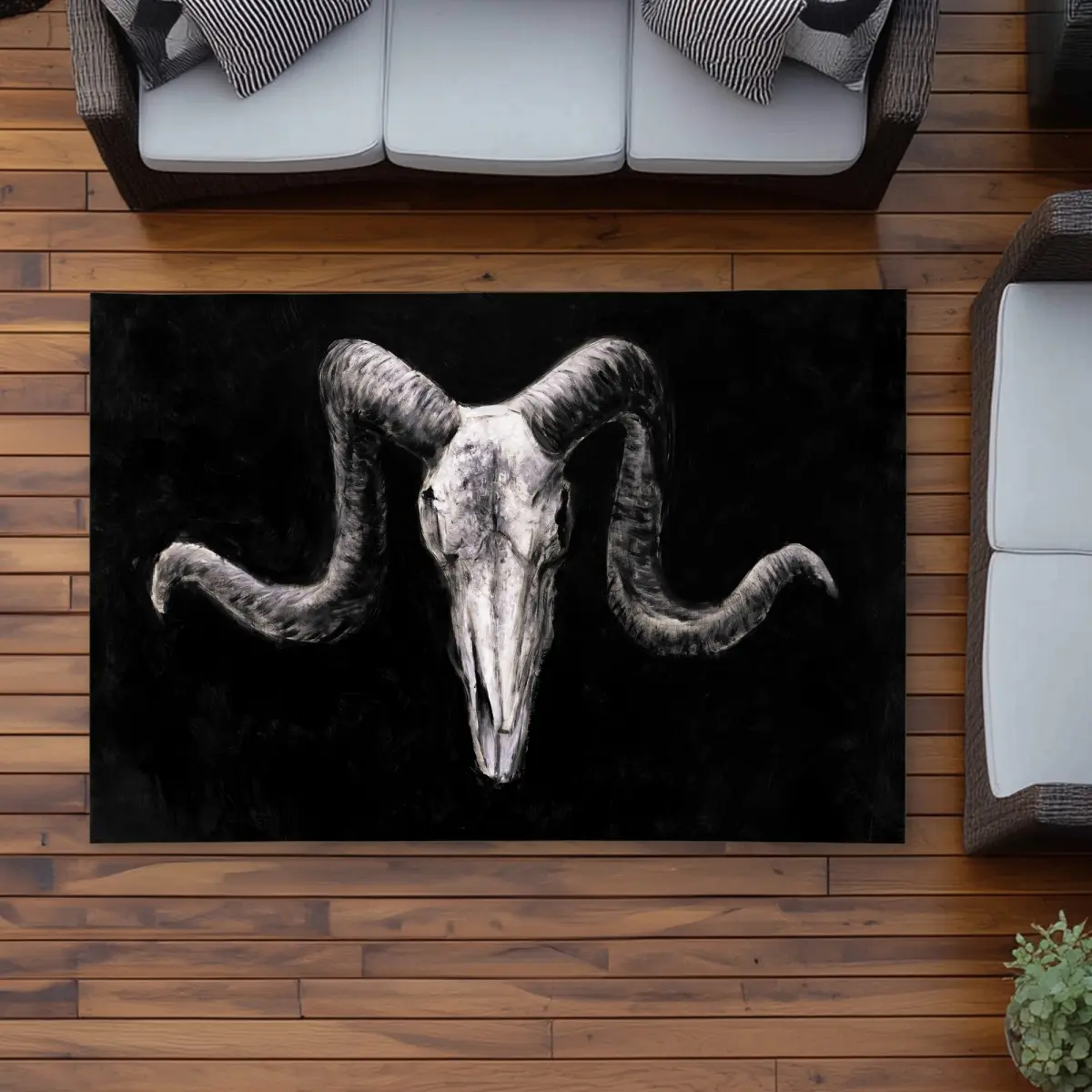 360 stand Polyester 4x6 ft Rectangle Outdoor Area Rug, Weatherproof, Grunge Look, Skull Print, Skeleton Accent, Home Decor Carpet, Waterproof Outdoor Rug, Patio Rug