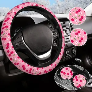 Cherry Steering Wheel Cover Anti-Slip and Practical 14.5-15 Inch Universal  Steering Wheel Cover with 2 count  Coasters Suitable for Men Women