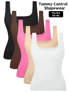 Plus Size Women's Seamless Striped Tummy Control Fitted Shapewear Vest, Square Neck Compression Top, Slimming Body Shaper Crop Tank Top, Ladies Shapewear