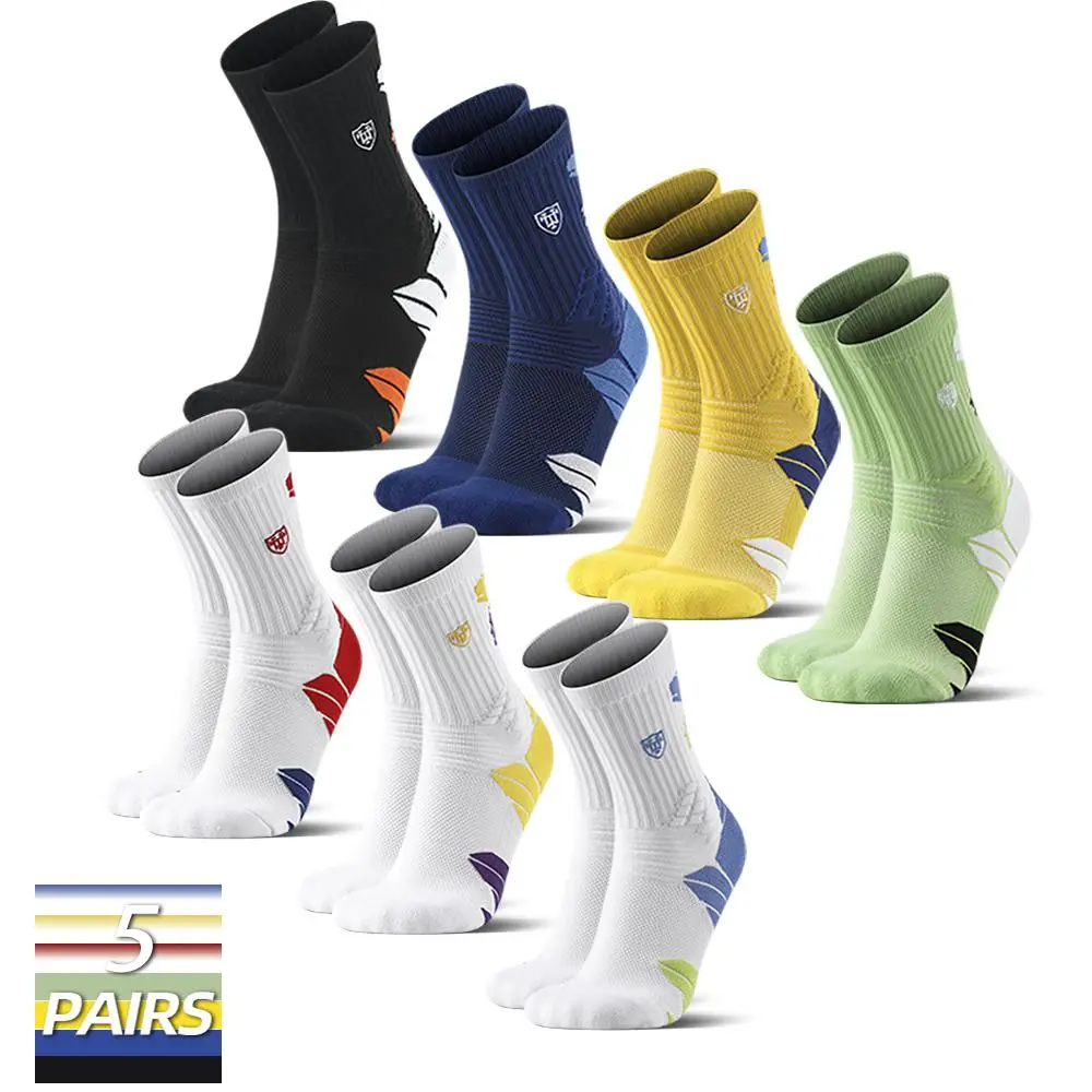 5 Pairs Socks for Men Multi-Purpose Athletic Socks High-Cut Sports Socks - Airflow Mesh Panels, Moisture-Wicking, Shock-Absorbing, and Heavy-Duty. Terry Sole Solid Color Basketball Socks for Running, Soccer, and Hiking. Made of Cotton-Polyester Blend
