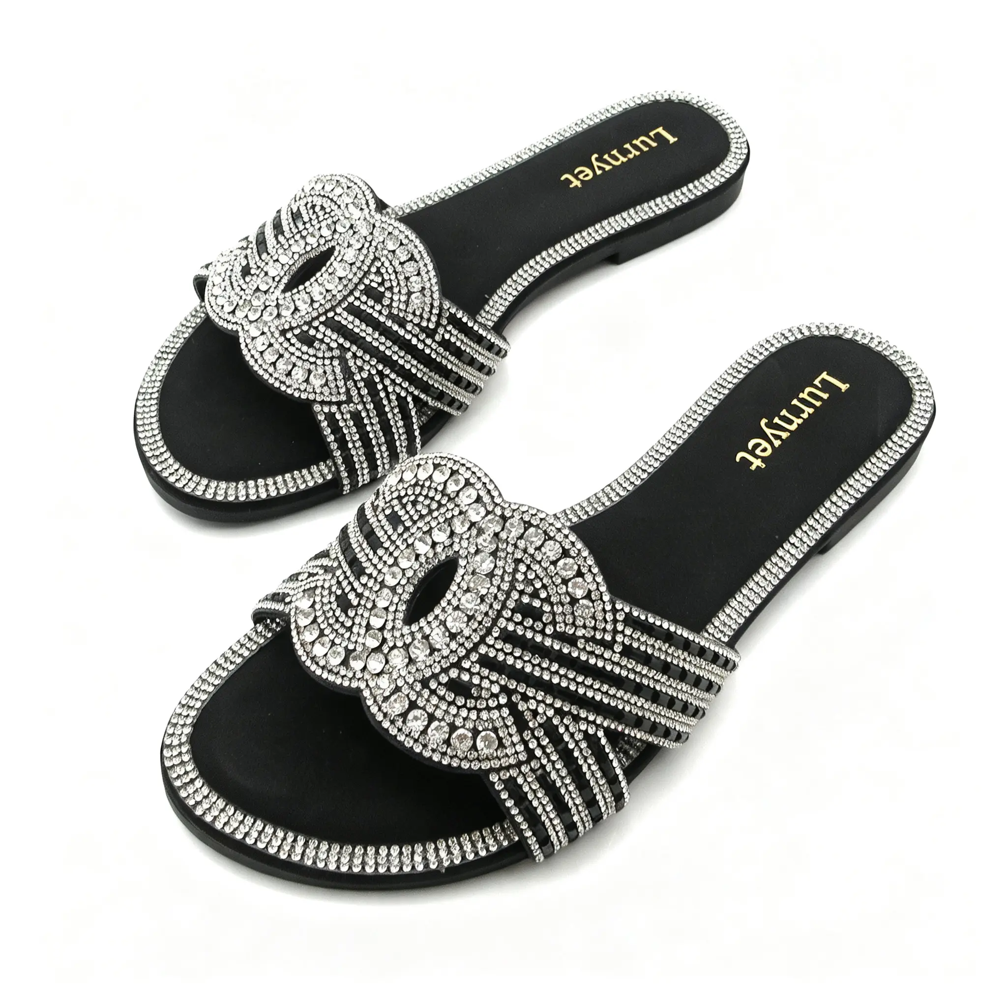 Women's Rhinestone Flat Slide Sandals - Sparkly Crystal Open-Toe Slip-On Slippers for Casual Summer Beach Parties