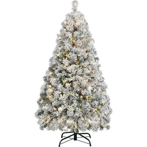 4.5Ft Pre-Lit Artificial Christmas Tree with Incandescent Warm White Lights, Snow Flocked Full Prelighted Xmas Tree W/340 Branch Tips, 150 Incandescent Lights & Foldable Stand, Green & White