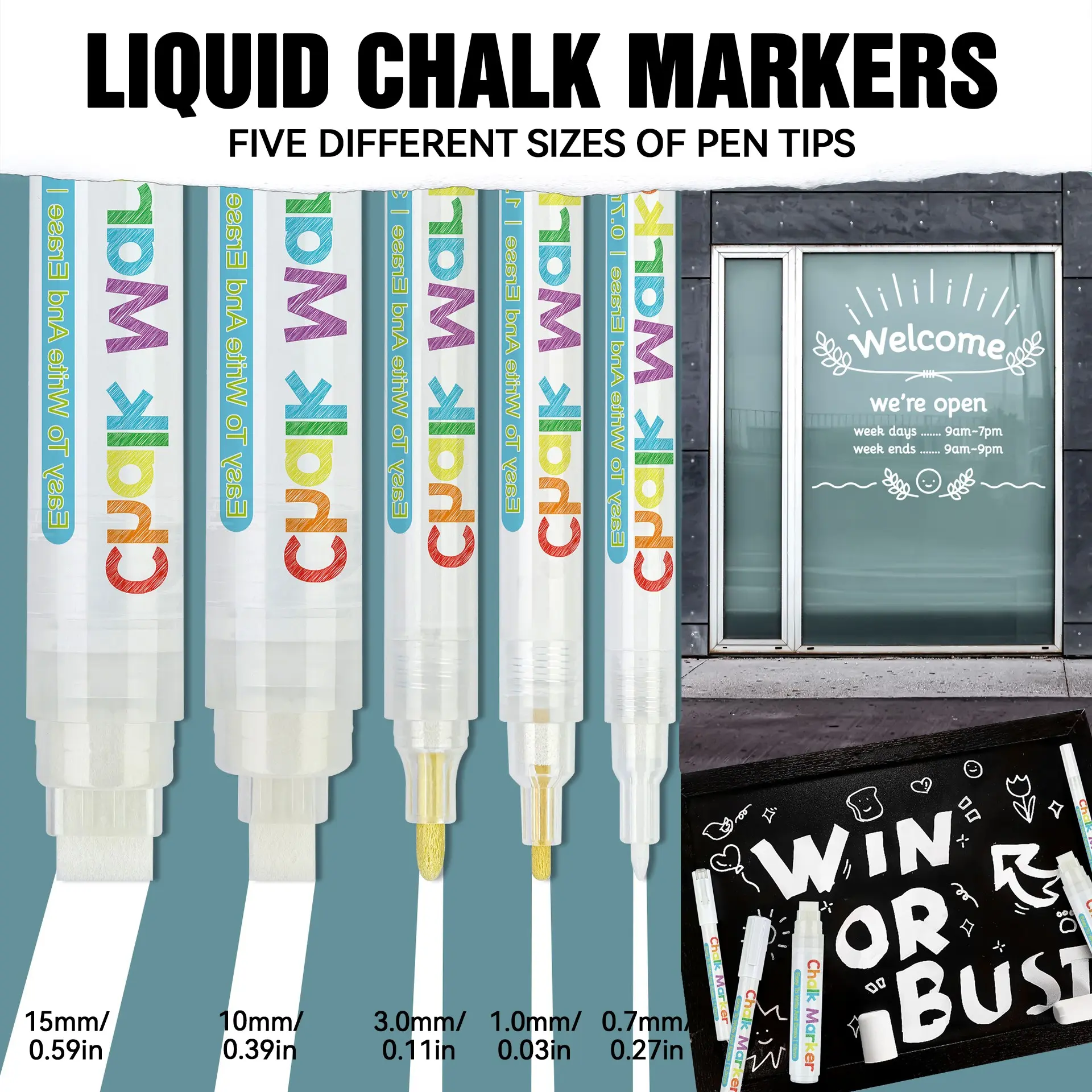 Liquid Chalk, 5 Different Tip Widths, Washable and Wet Erase, Suitable for Blackboard, LED Board, Whiteboard, Ceramic, Plastic, Glass, Stone, Metal