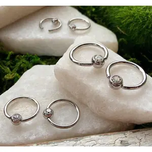 PAIR Clear Gem Captive Bead Rings for Ears, Eyebrow, Septum, Nipple Rings, etc