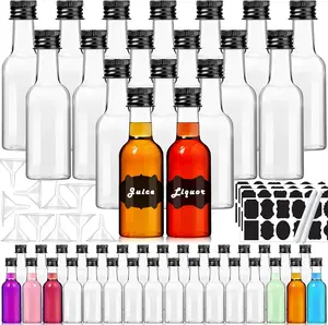 50 Pack 2 oz Mini Liquor Bottles with Labels, Plastic Alcohol Bottles, Airtight Shot Bottles, Little Spirit Bottle with Funnels Black Caps, Hot Sauce Bottle for Cocktail, Party Favors, Weddings