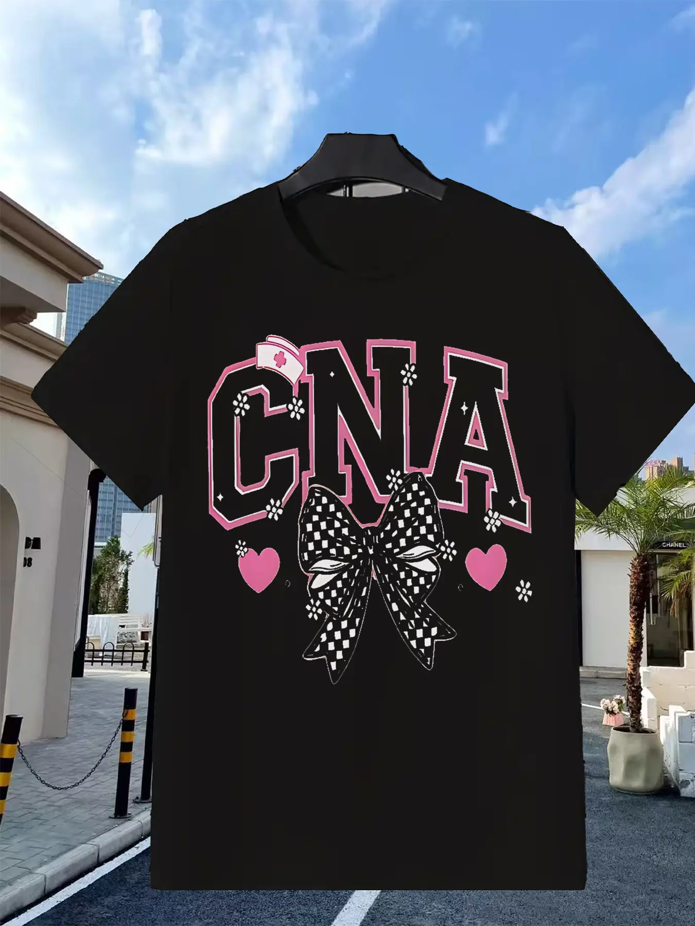Cna Nurse Shirt Pink with Checkered Bow And Floral unisex soft cotton short sleeve t shirt, vintage graphic casual tee for men women teens, perfect birthday holiday gift for camping travel gym daily street  wear