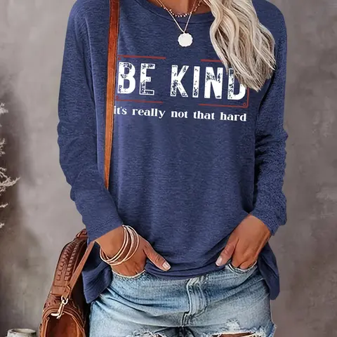Women's Letter Print Round Neck Tee, Casual Long Sleeve Crew Neck T-shirt for Fall & Winter, Women's Top for Daily Wear, Lady
