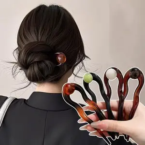 AWAYTR 4Pack Vintage Acrylic U-Shaped Hair Pins Round Beads Hair Sticks for Bun Updo Minimal Elegant Hair Accessories for Women
