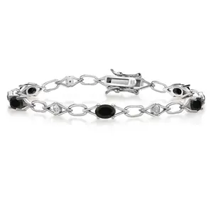 Gem Stone King 925 Sterling Silver Black Onyx and White Lab Grown Diamond Tennis Bracelet For Women (5.54 Cttw, Gemstone Birthstone, Heart 6X4MM, 7.25 Inches)