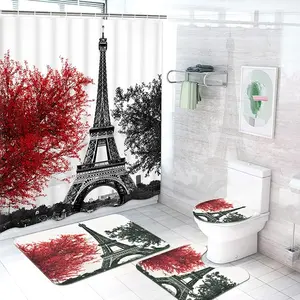 4 Pcs Paris Eiffel Tower Shower Curtain Sets with Non-Slip Rug, Toilet Lid Cover and Bath Mat, Black Red Art Trees Shower Curtain with 12 Hooks, Waterproof Romantic Vintage Bath Curtain
