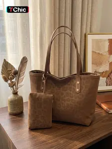Women's Large Capacity Leopard Print Tote Bag, Fashionable Shopping Bag, 2 Piece Set, Dual Handles, Zipper Closure, Ideal for Shopping and Travel