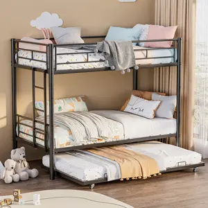 Triple Bunk Bed with Trundle for 3 Kids, Heavy Duty Metal Convertible Bunk Bed Frame, Space-Saving Kids Bed with Safety Guardrails & Wide Ladder, Noise-Free, No Box Spring, Black/White