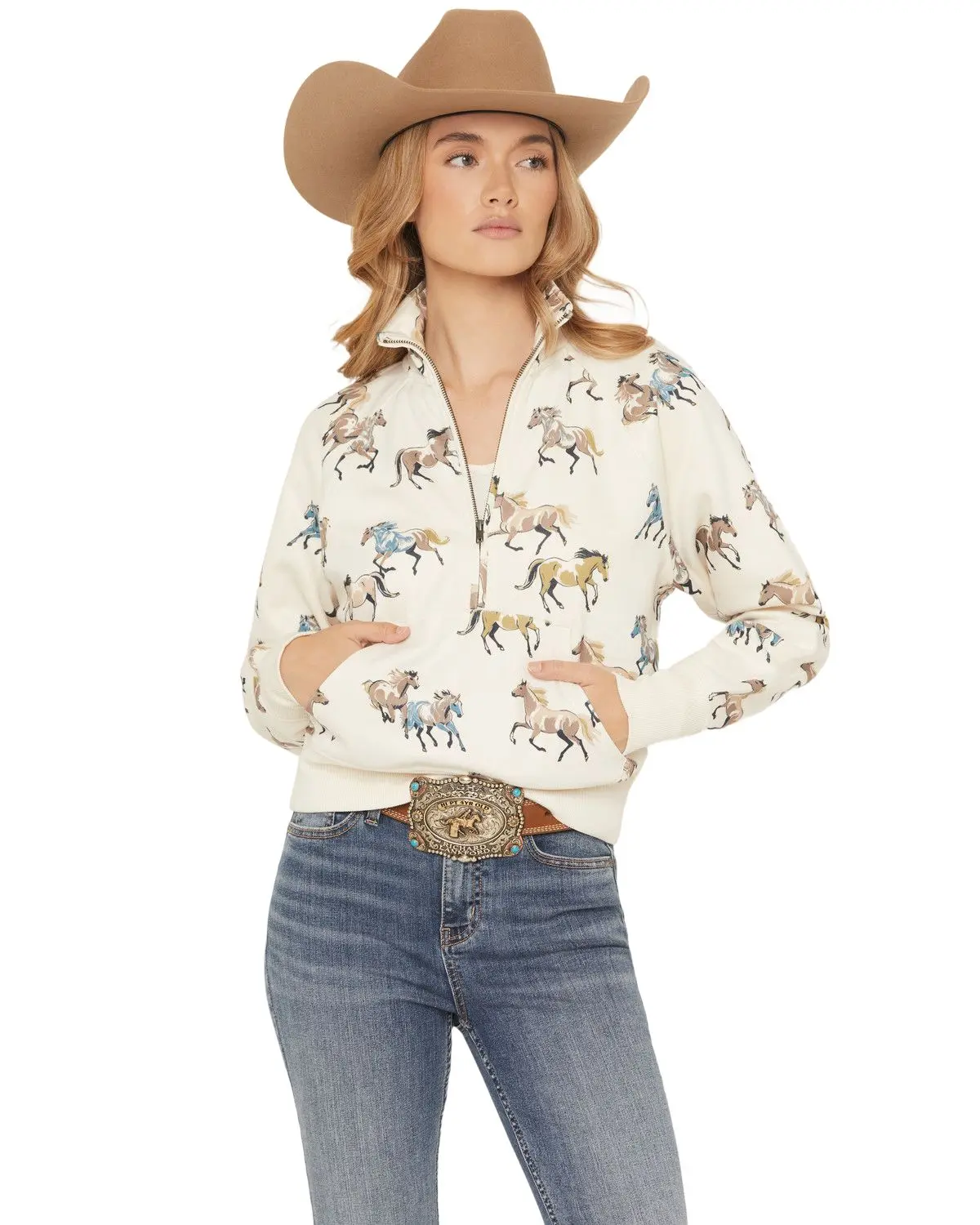 Shyanne Women's Women'S Horse Print 1/2 Zip Fleece Pullover - Srfa25k32-Crm