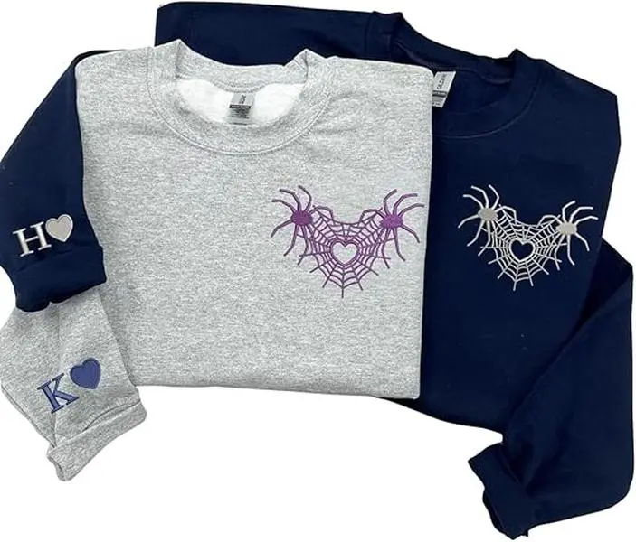 Personalized Spider Web Heart Embroidered Hoodie for Couple – Custom Initial Sleeve Matching Hoodie, Anniversary Gift, Valentine Day