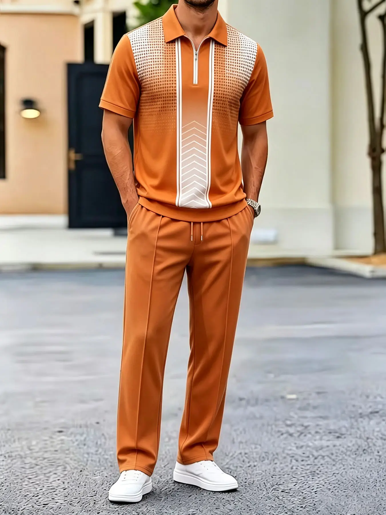Men’s 2 Piece Polo Tracksuit Set, Orange Gradient Geometric Stripe Half Zip Short Sleeve Top & Drawstring Straight Long Pants, Soft Breathable Business Casual Daily Summer Outfit For Men