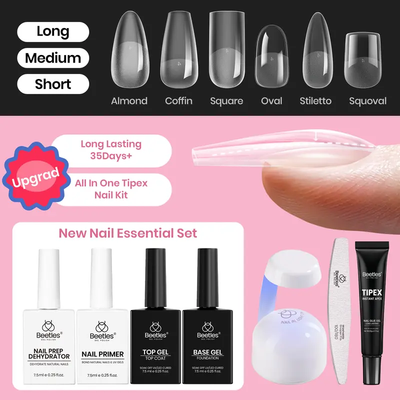 【LIVE ONLY】 Beetles Tipex Pre-Build Instant Apex Nail Tips All-in-One Kit, 224PCS Square, Stiletto, Almond & Coffin Shapes, 16 Sizes, Pre-Etched Thick Full Cover Tips with Nail Glue, Base & Top Coat, Prep Tools & Mini UV Lamp DIY Gift Set