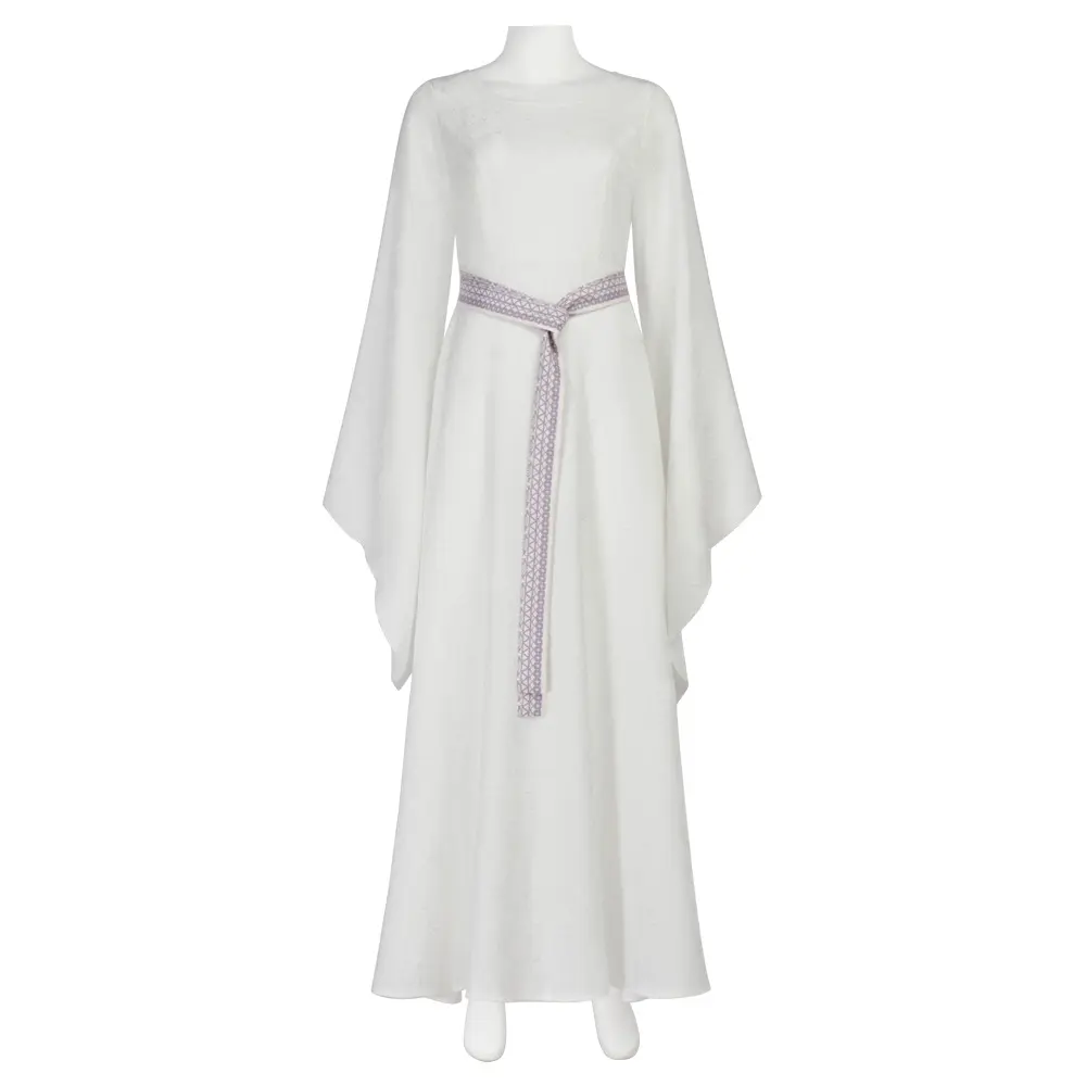 Galadriel White Flowing Robe Elf Queen Cosplay Costume with Wide Sleeves Patterned Belt for Comic Con