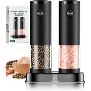Electric Salt and Pepper  Set Automatic  Pepper Mill Shakers Adjustable Coarseness Easy Filling Upgraded Larger Capacity with Led (2 Pack Black/Black)