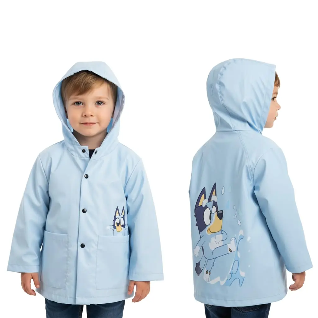 Disney Officially Licensed Bluey Kids' Rain Jacket (Ages 4-7) - Waterproof Hooded Raincoat, Outerwear with Pockets, Snap Closure for Rainy Days