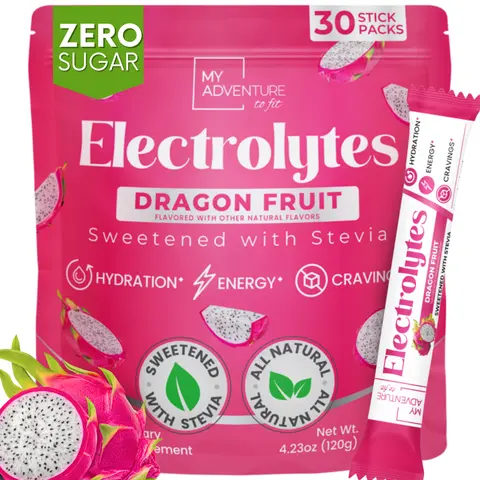 My Adventure to Fit Dragon Fruit Electrolytes Powder Stick Pack - Zero Sugar - No Artificial Flavors, Colors or Sweeteners - 30 Sticks - 2-8X More Potassium - No Salty Taste - Refreshing Hydration - Caffeine Free Energy - Vegan, Keto & Paleo