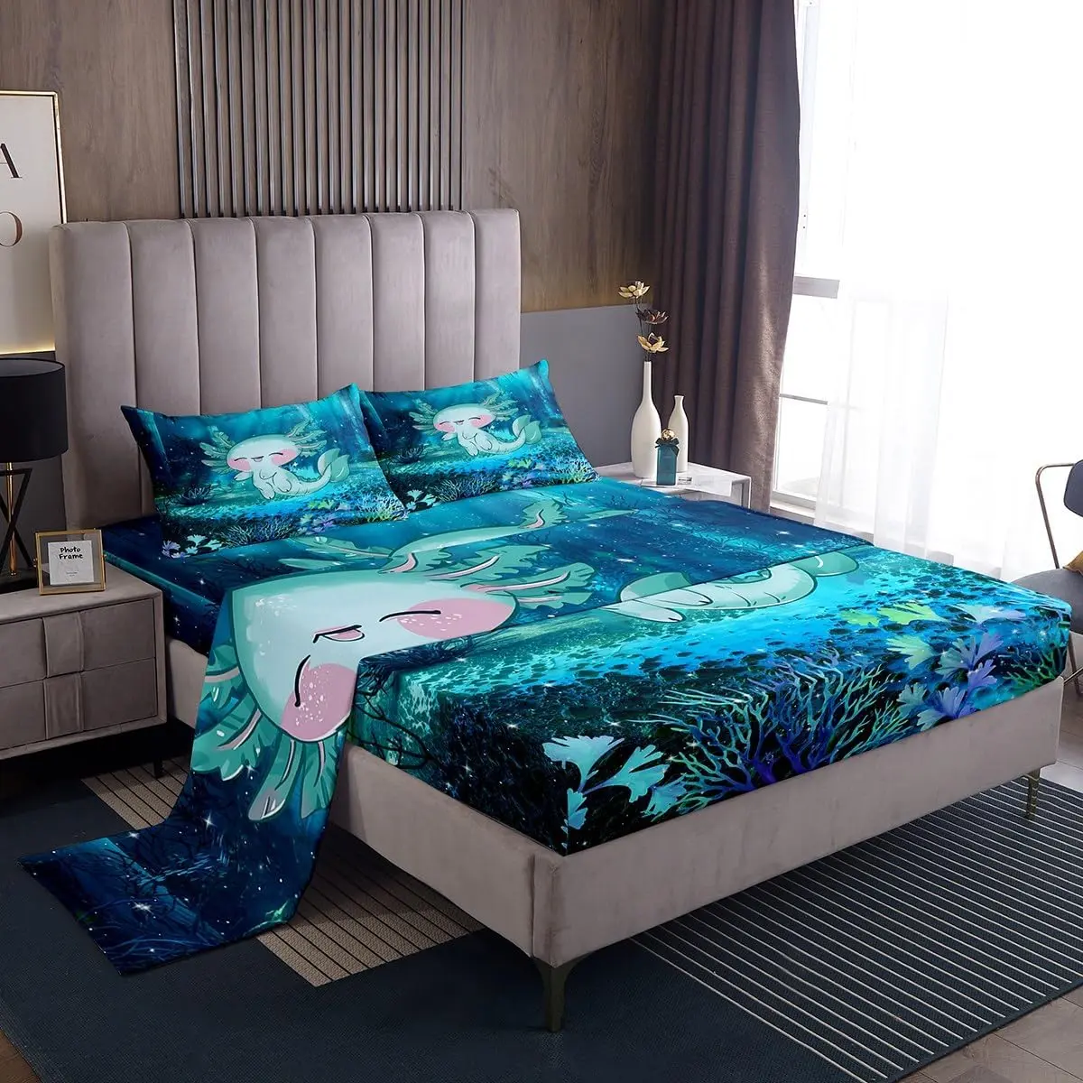 Feelyou 3D Cartoon Axolotl Microfiber Bedsheet Set - Decorative Bedding Set with Flat Sheet, Fitted Sheet, Deep Pocket Fit, Multi-Size, Undersea Plant Design, Reactive Dye, Bedsheet Sets