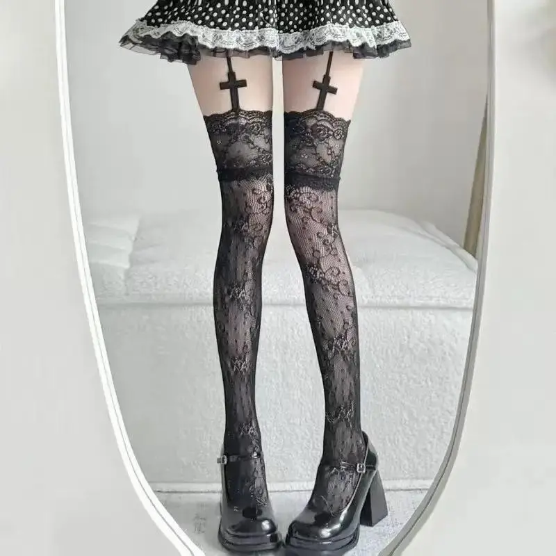Black White Lace Patterned Stockings with Cross Design Ultra-thin Hollow Long Tights Fishing Net Socks Pantyhose Sexy Party Womenswear Women