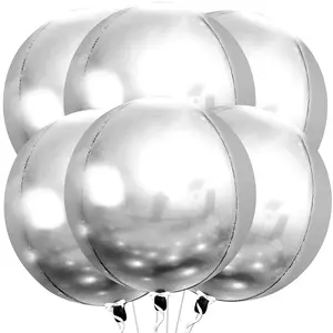 Large 22 Inch Silver Balloons - Pack Of 6 | 360 Degree 4D Round Silver Mylar Balloons For Silver Party Decorations | Silver Metallic Balloons For Birthday | Bachelorette Party Decorations