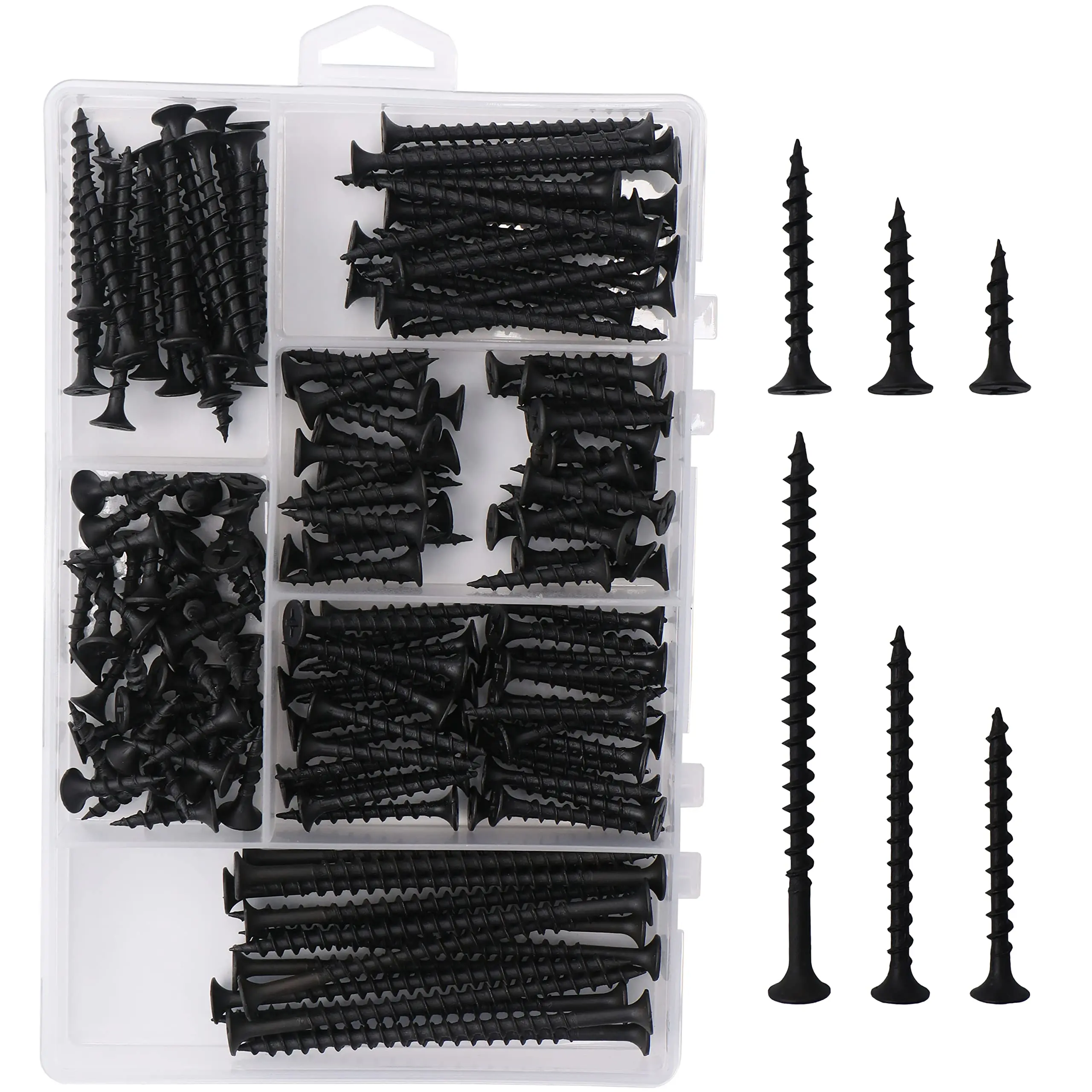 High Hardness Drywall Screws Assortment Kit, 166 pcs, Coarse Thread, Phillips Drive, Black Wood Screws, Screws Assortment, Screws Set, 6 Sizes (3”,2”,1-1/2”,1-1/4”,1”,3/4”), Metal Self-Drilling Drywall Screws