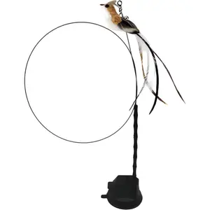 Suction Cup Cat Toy for Indoor Cat, Long Tail Feather Bird, Spring Wire Suctions to Ground, Hands Free Bird Simulation Cat Toy Wand Set that Sticks to Floor, Feathers & Bells