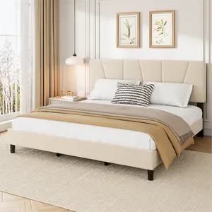 Garvee Velvet King Size Bed Frame with Adjustable Headboard, Upholstered King Platform Bedframe with Wooden Slats Support, No Box Spring Needed, Easy Assembly - Beige
