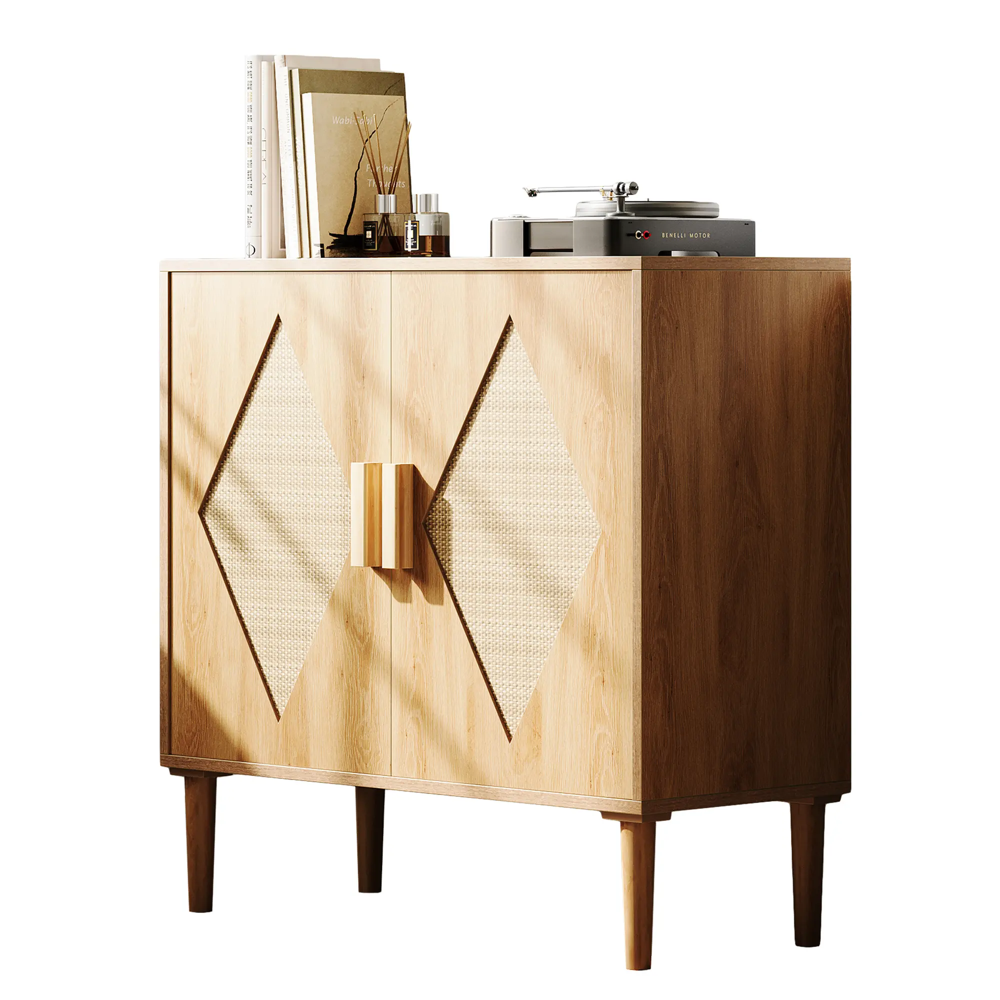 Modern Rattan Sideboard Buffet Cabinet with Sturdy Wood Legs, Boho Chic Aesthetic Cream Credenza with Adjustable Storage, Organizer Living Room Furniture for Microwave Coffee Bar, Light Wood Hallway Furniture Console Table