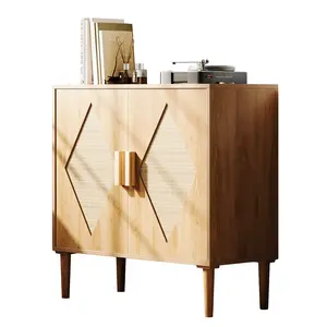 Modern Rattan Sideboard Buffet Cabinet Wood Kitchen Storage Cupboard Cream Credenza Accent Console Table Top For Microwave Coffee Bar Station Small TV Stand For Living Room Dining Room Entryway Hallway Accent Organizer Unit Wood Legs
