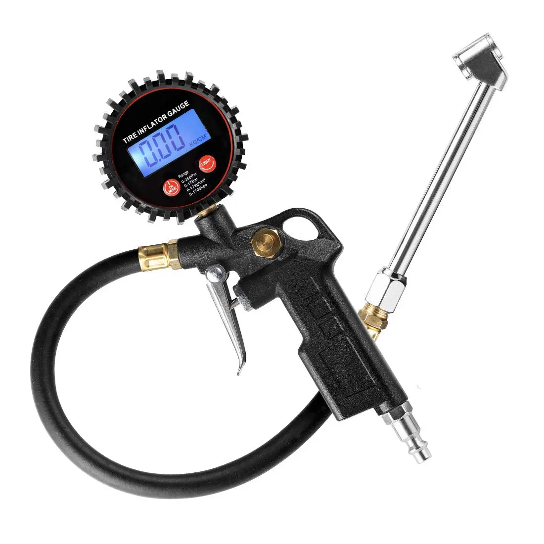 Digital Tire Inflator Pressure Gauge, LED Display Tyre Deflator Gage with Dual Head Chuck Rubber Hose MNPT Fitting, Compatible with Air Pump Compressor for Truck RV Car Motorcycle Bike Bus
