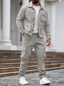 Men's Fall Winter Jacket Set with Cargo Pants, Casual Fitted Style, Long Sleeve Shirt, Large Pockets, Plain Two-Piece