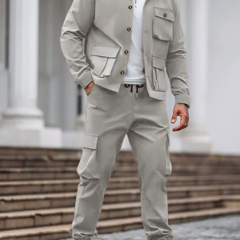 Men's Fall Winter Jacket Outfit Set with Cargo Pants, Casual Fitted Style, Long Sleeve Shirt, Large Pockets, Plain Two-Piece